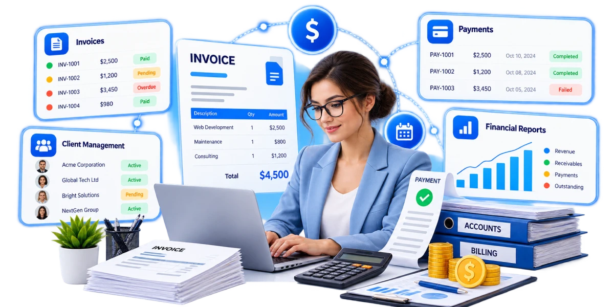 Accounts and billing system showing invoices, payments and financial reports