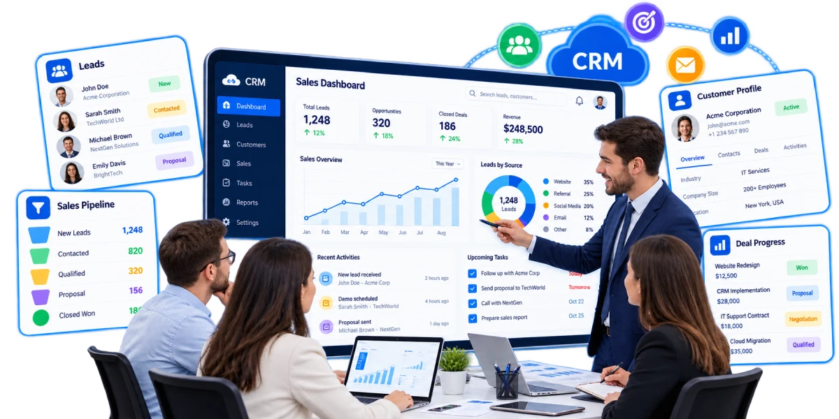Custom CRM and sales management system showing leads and sales pipeline