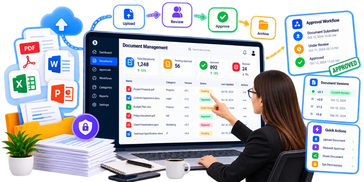 Document management system with secure storage and multi-level approval workflow