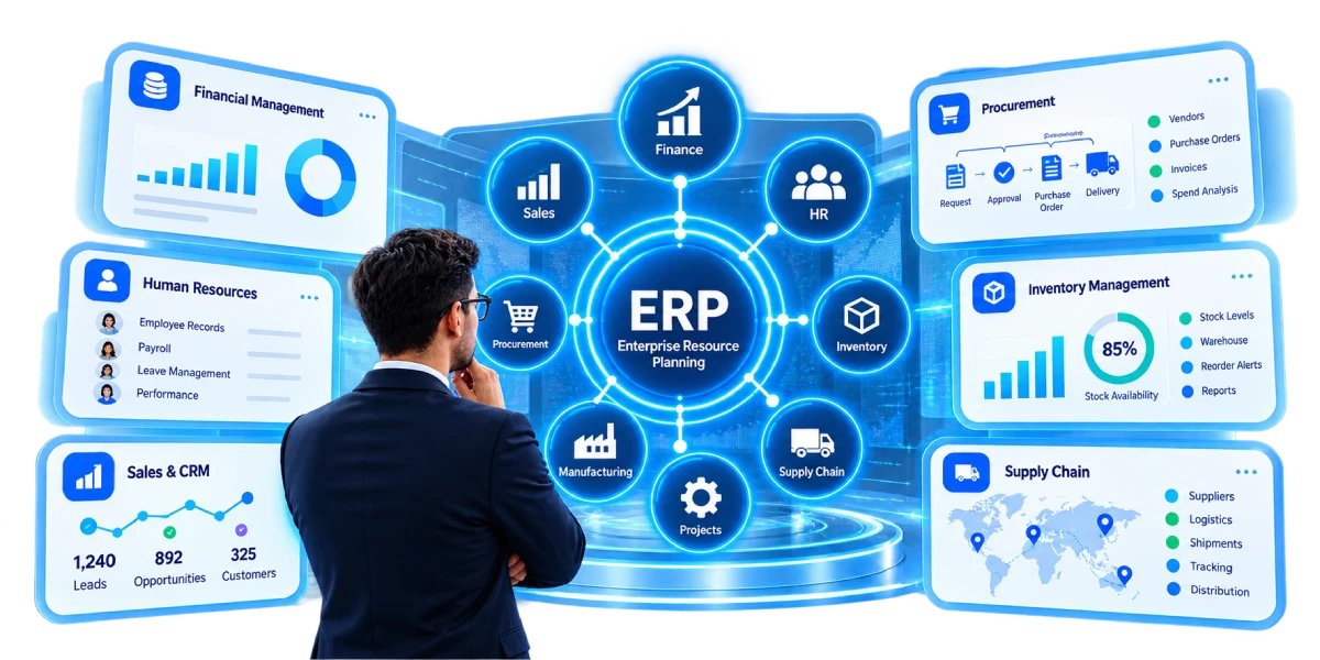 Custom ERP system connecting finance, inventory, HR and sales