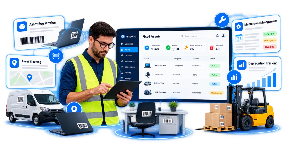 Fixed asset management system tracking equipment, location and depreciation