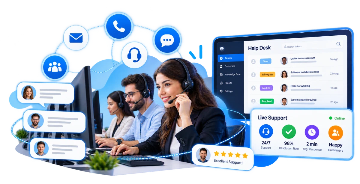Outsourced help desk team supporting staff and customers