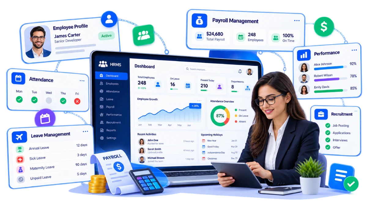 HR and payroll management system showing employee records, leave and payroll