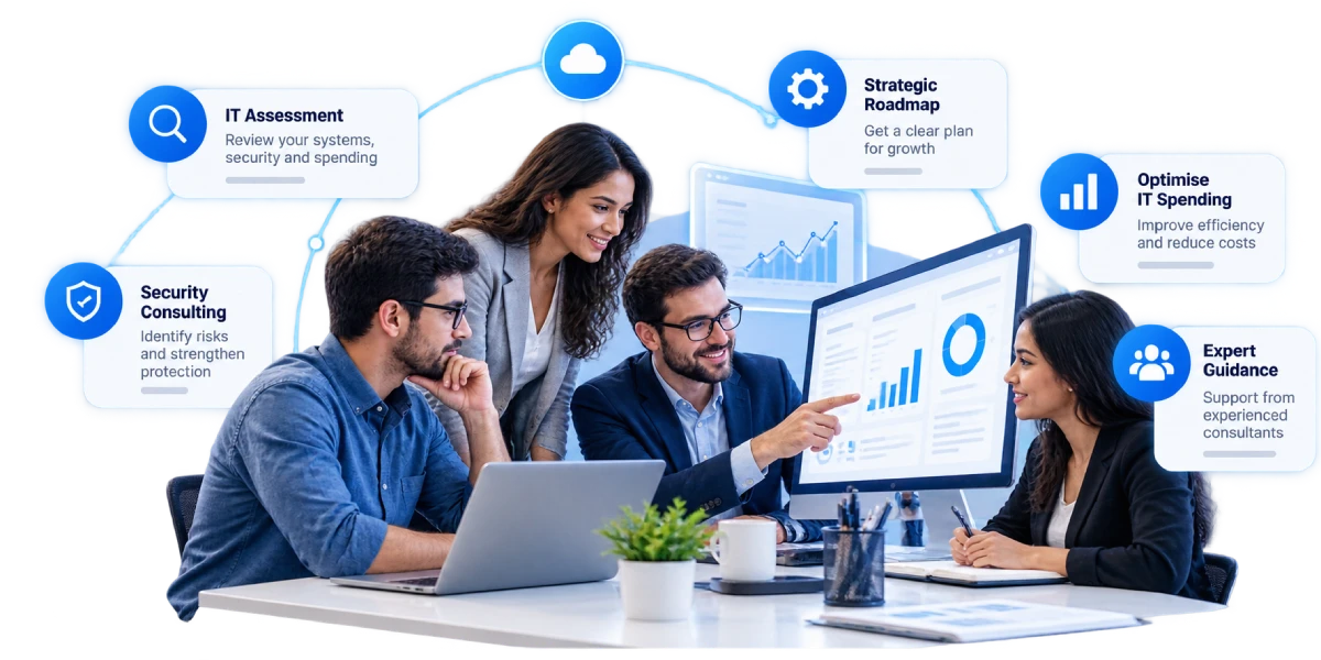 IT consultant reviewing business systems and planning a technology roadmap