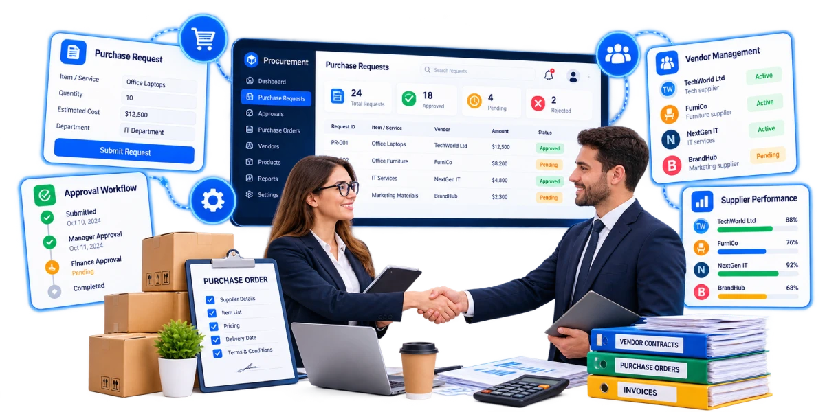 Procurement and vendor management system showing purchase approvals and supplier records