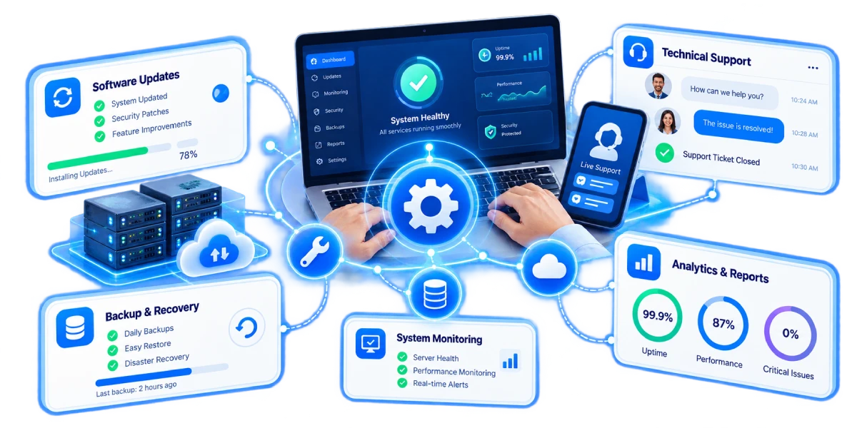 Software maintenance and support team keeping business systems running smoothly